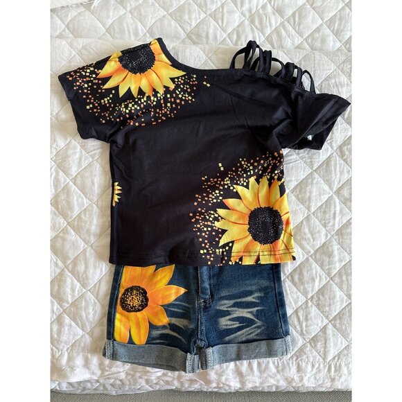 Sunflower Open Shoulder Denim Short Set, Small, 3T, Girls', blue, yellow - Picture 3 of 10